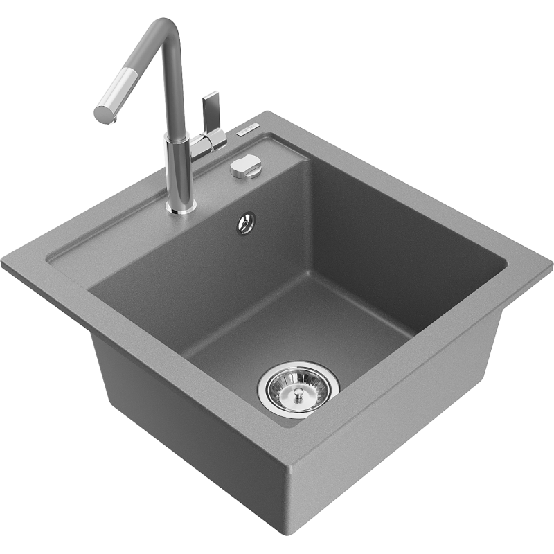 Mexen Vito évier en granit 1 bac avec robinet de cuisine Flora, gris - 6503-71-670401-06