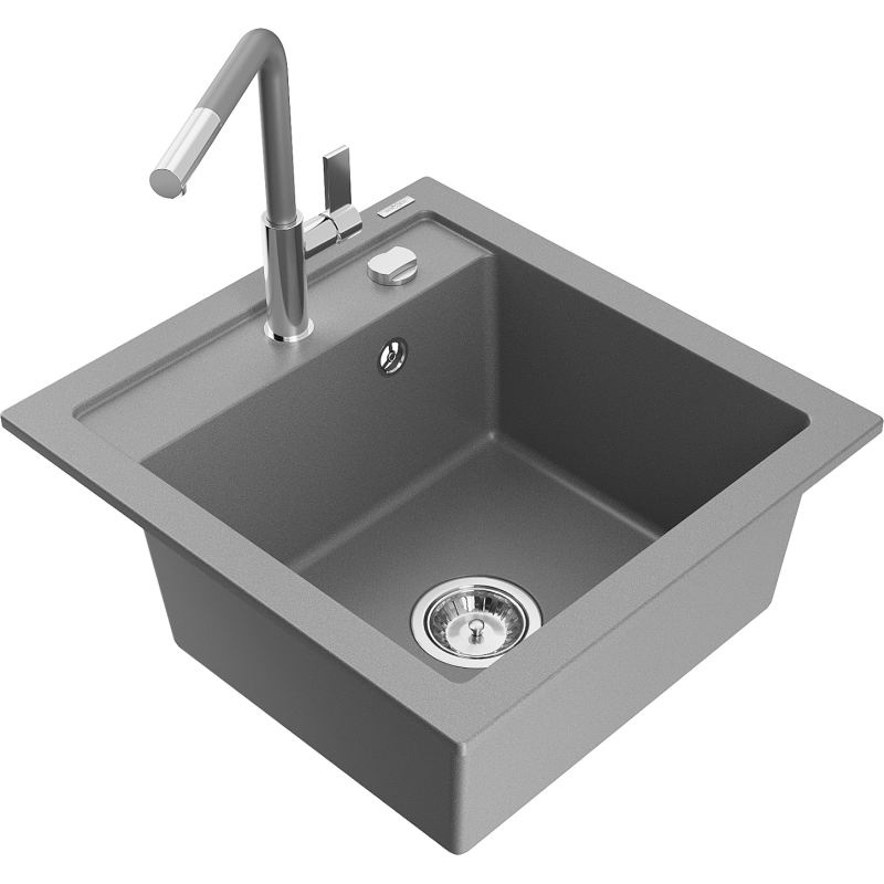 Mexen Vito fregadero de granito de 1 cámara con grifo de cocina Flora, gris - 6503-71-670401-06
