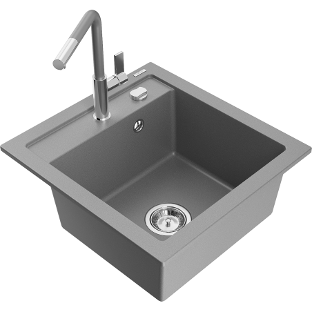 Mexen Vito 1-bowl granite kitchen sink with Flora kitchen tap, grey - 6503-71-670401-06
