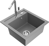 Mexen Vito granite kitchen sink 1-bowl with Flora faucet, gray - 6503-71-670401-06