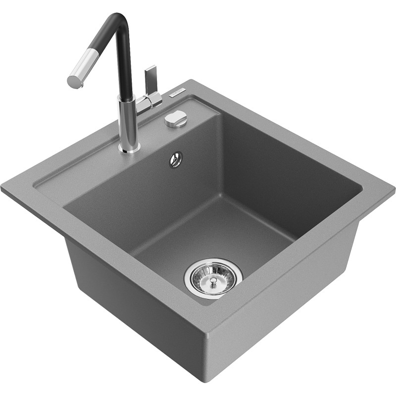 Mexen Vito 1-Kammer Granitspüle mit Küchenarmatur Flora, grau - 6503-71-670401-07