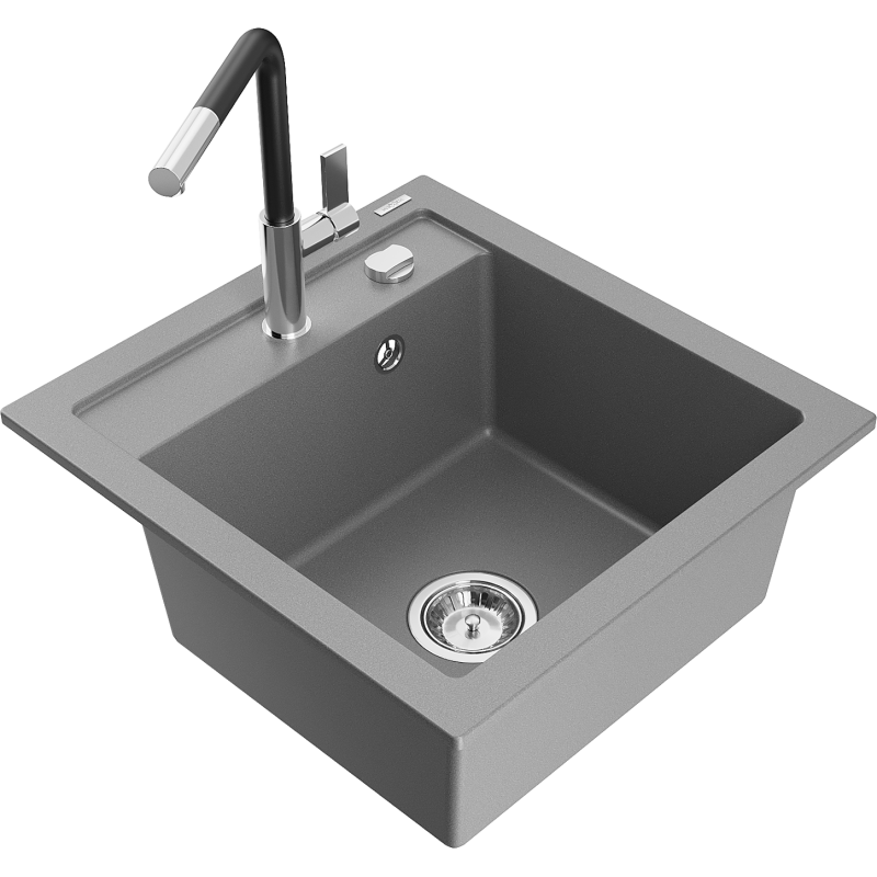 Mexen Vito granieten spoelbak met 1 bak en Flora keukenkraan, grijs - 6503-71-670401-07
