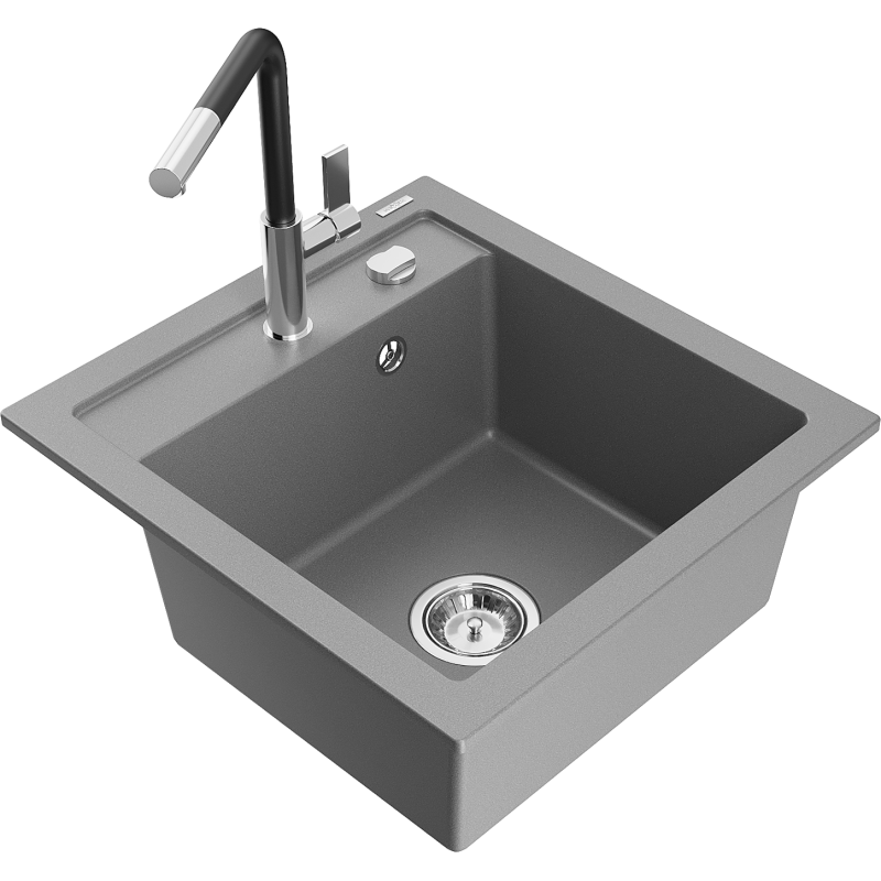 Mexen Vito Granitspüle 1 Becken mit Küchenarmatur Flora, Grau - 6503-71-670401-07