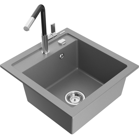 Mexen Vito Granitspüle 1 Becken mit Küchenarmatur Flora, Grau - 6503-71-670401-07