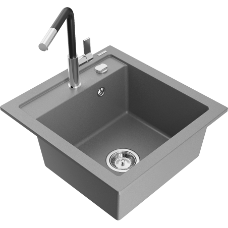 Mexen Vito lavello da cucina in granito a 1 vasca con miscelatore Flora, grigio - 6503-71-670401-07