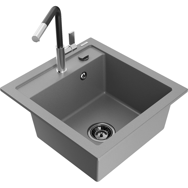 Mexen Vito granite sink 1-bowl with Flora kitchen tap, grey - 6503-71-670401-07-B