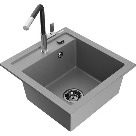Mexen Vito Granitspüle 1-Becken mit Küchenarmatur Flora, Grau - 6503-71-670401-07-B