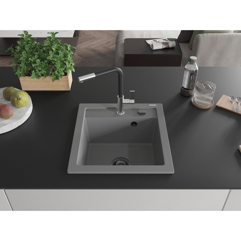 Mexen Vito granite sink 1-bowl with Flora kitchen tap, grey - 6503-71-670401-07-B