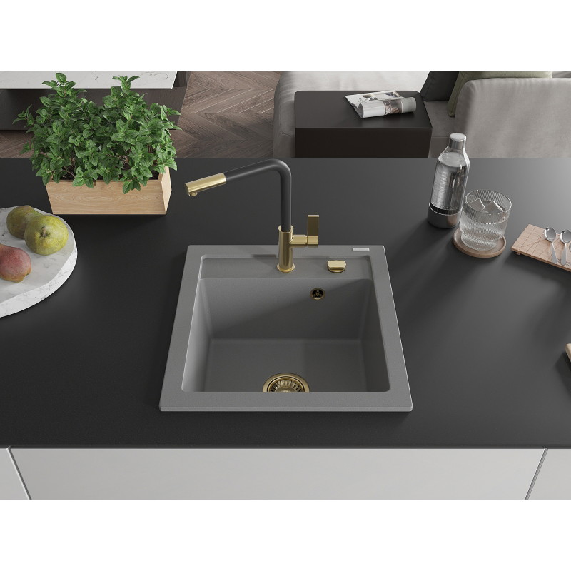 Mexen Vito granieten spoelbak 1-kamer met keukenkraan Flora, grijs - 6503-71-670401-57-G