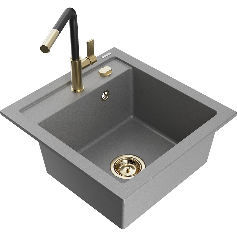 Mexen Vito fregadero de granito de 1 cuba con grifo de cocina Flora, gris - 6503-71-670401-57-G