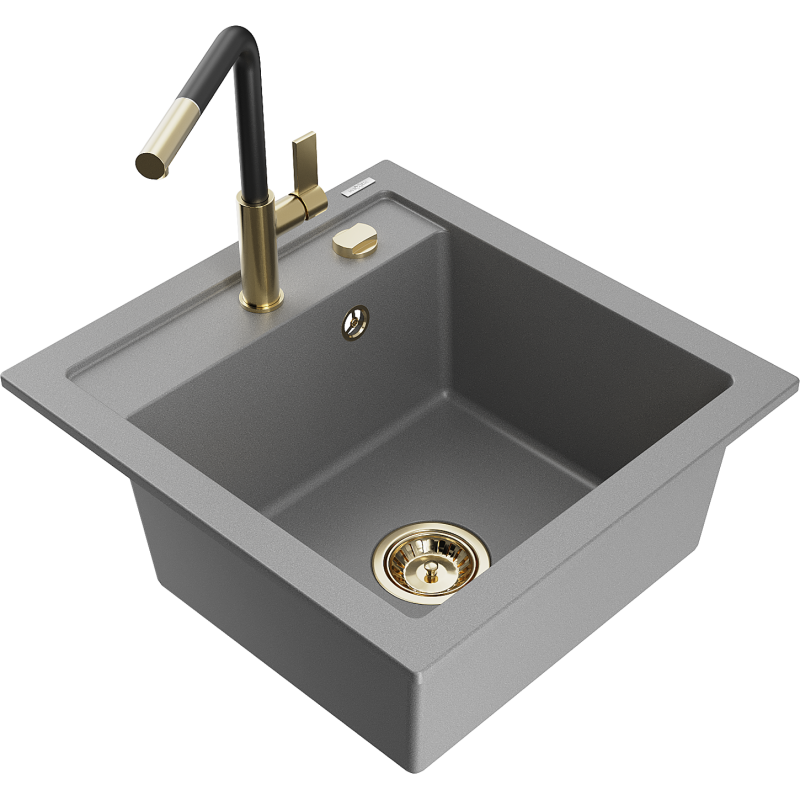 Mexen Vito granieten spoelbak 1-komor met keukenmengkraan Flora, grijs - 6503-71-670401-57-G