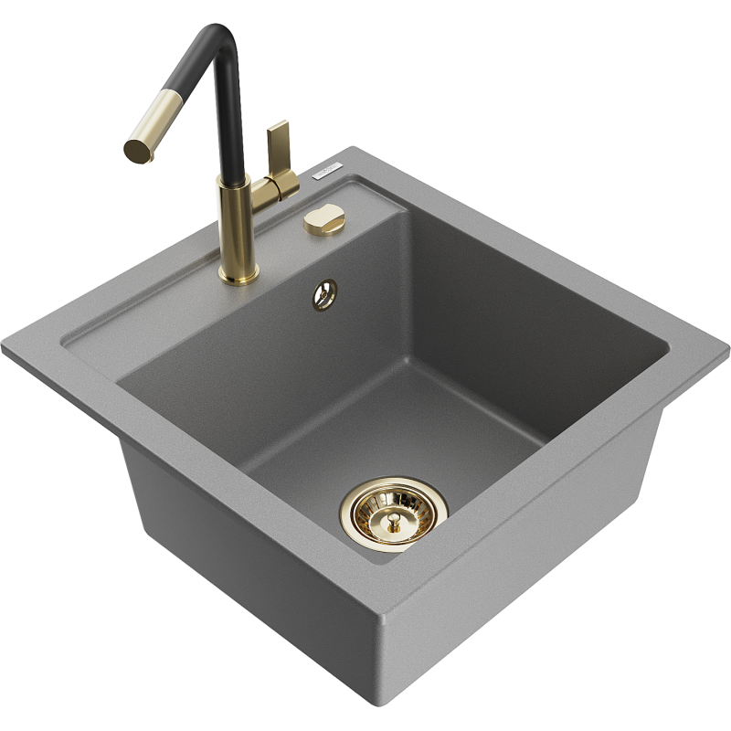 Mexen Vito Granitspüle 1-Becken mit Küchenarmatur Flora, grau - 6503-71-670401-57-G