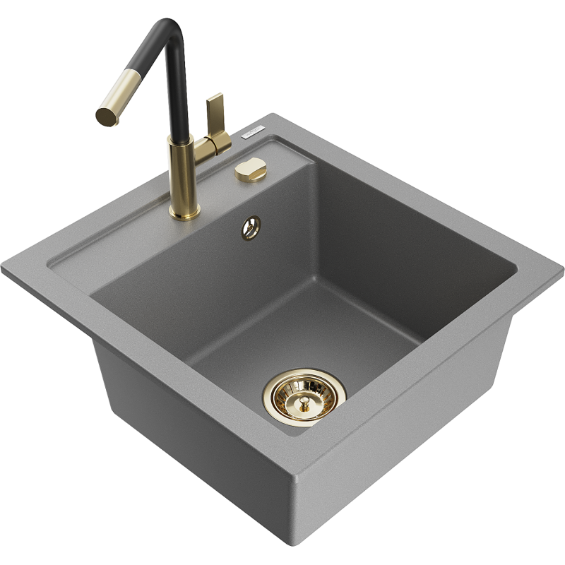 Mexen Vito lava-louça de granito de 1-bacia com torneira de cozinha Flora, cinza - 6503-71-670401-57-G