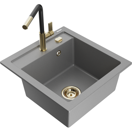 Mexen Vito Granitspüle 1-Becken mit Küchenarmatur Flora, grau - 6503-71-670401-57-G