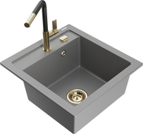 Mexen Vito Granitspüle 1-Becken mit Küchenarmatur Flora, grau - 6503-71-670401-57-G