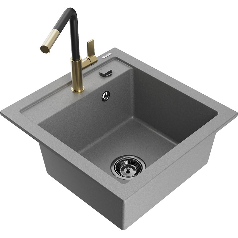 Mexen Vito fregadero de granito de 1 compartimento con grifo de cocina Flora, gris - 6503-71-670401-57-B