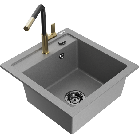 Mexen Vito 1-bowl granite sink with Flora kitchen faucet, gray - 6503-71-670401-57-B