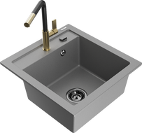 Mexen Vito 1-bowl granite sink with Flora kitchen faucet, gray - 6503-71-670401-57-B