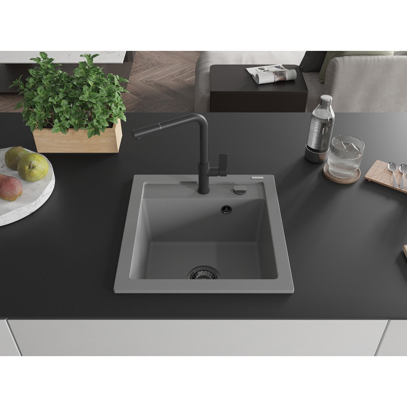 Mexen Vito granit gootsteen 1-kamer met keuken kraan Flora, grijs - 6503-71-670401-70-B