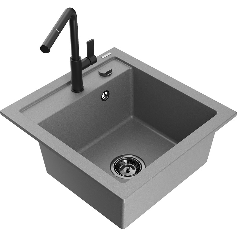 Mexen Vito fregadero de granito de 1 compartimento con grifo de cocina Flora, gris - 6503-71-670401-70-B