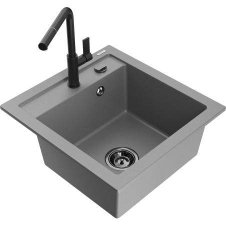 Mexen Vito fregadero de granito de 1 compartimento con grifo de cocina Flora, gris - 6503-71-670401-70-B