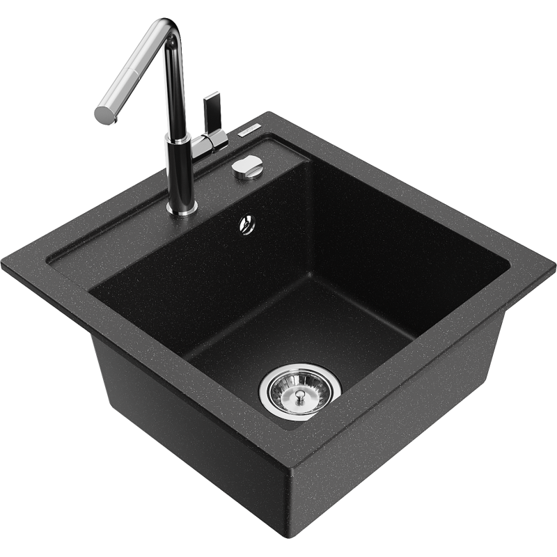 Mexen Vito Granit-Spullsteen mat 1 Kummer mat Flora Kichekraan, schwaarz/sëlwer-metallic - 6503-73-670401-00