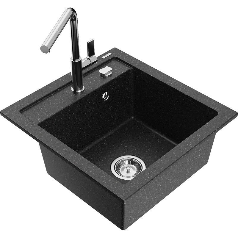 Mexen Vito Granitspüle 1-Becken mit Küchenarmatur Flora, schwarz/silber metallic - 6503-73-670401-00