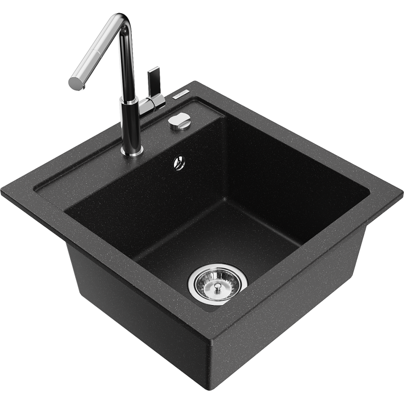 Mexen Vito Granitspüle 1-Kammer mit Küchenarmatur Flora, schwarz/silber Metallic - 6503-73-670401-00