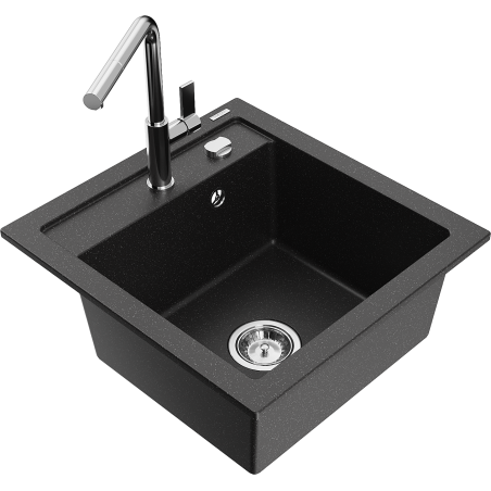 Mexen Vito Granitspüle 1-Kammer mit Küchenarmatur Flora, schwarz/silber Metallic - 6503-73-670401-00