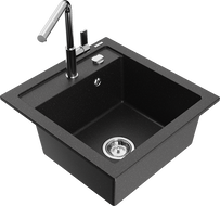 Mexen Vito Granitspüle 1-Kammer mit Küchenarmatur Flora, schwarz/silber Metallic - 6503-73-670401-00