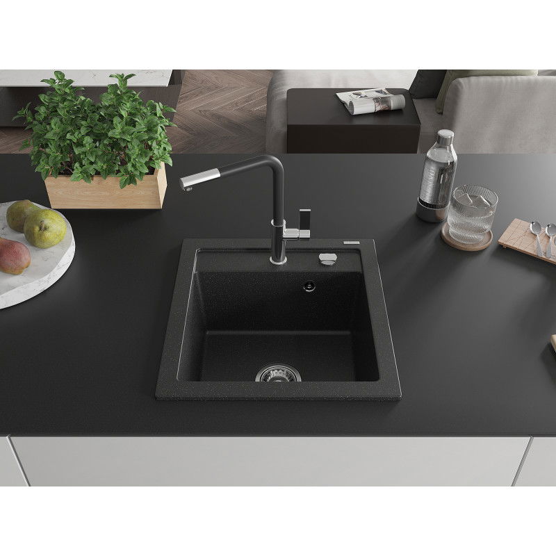 Mexen Vito Granitspüle 1-Becken mit Küchenarmatur Flora, schwarz/silber metallic - 6503-73-670401-07