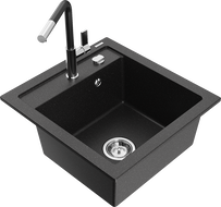 Mexen Vito Granitspüle 1-Becken mit Küchenarmatur Flora, schwarz/silber metallic - 6503-73-670401-07