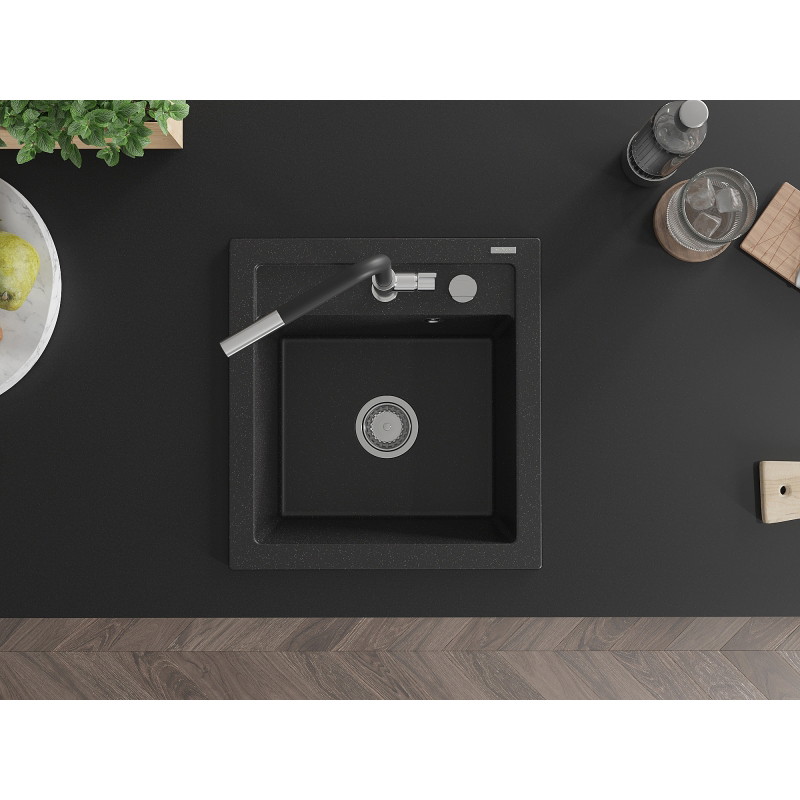 Mexen Vito granieten gootsteen 1-kompartement met keukenkraan Flora, zwart/zilver metallic - 6503-73-670401-07