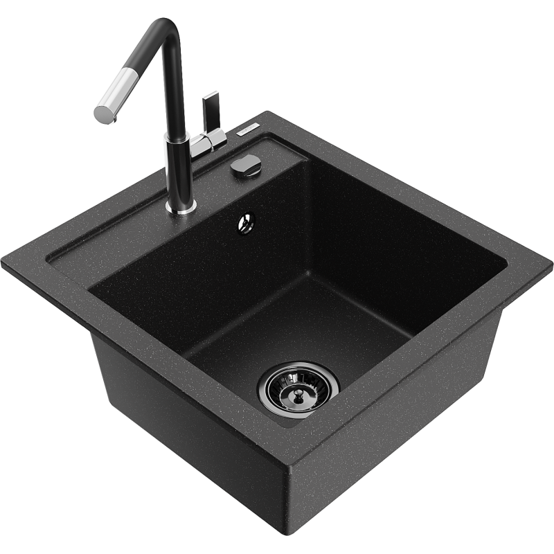 Mexen Vito granieten spoelbak met 1 kom en keukenmengkraan Flora, zwart/zilver metallic - 6503-73-670401-07-B