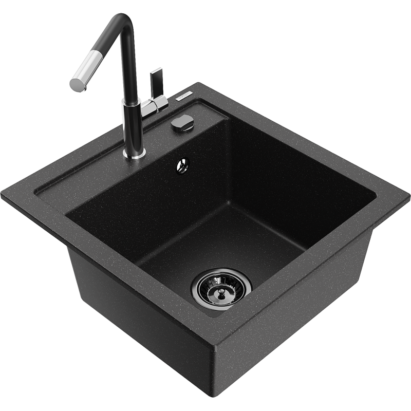 Mexen Vito lava-loiça de granito de 1 cuba com torneira de cozinha Flora, preto/prateado metálico - 6503-73-670401-07-B