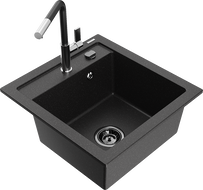 Mexen Vito granite kitchen sink 1-bowl with Flora kitchen faucet, black/silver metallic - 6503-73-670401-07-B