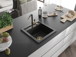 Mexen Vito Granitspüle 1-becken mit Küchenarmatur Flora, schwarz/silber metallic - 6503-73-670401-57-G