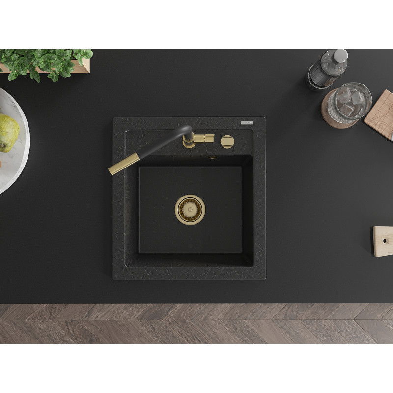 Mexen Vito 1-Bowl Granite Sink with Flora Kitchen Tap, Black/Silver Metallic - 6503-73-670401-57-G