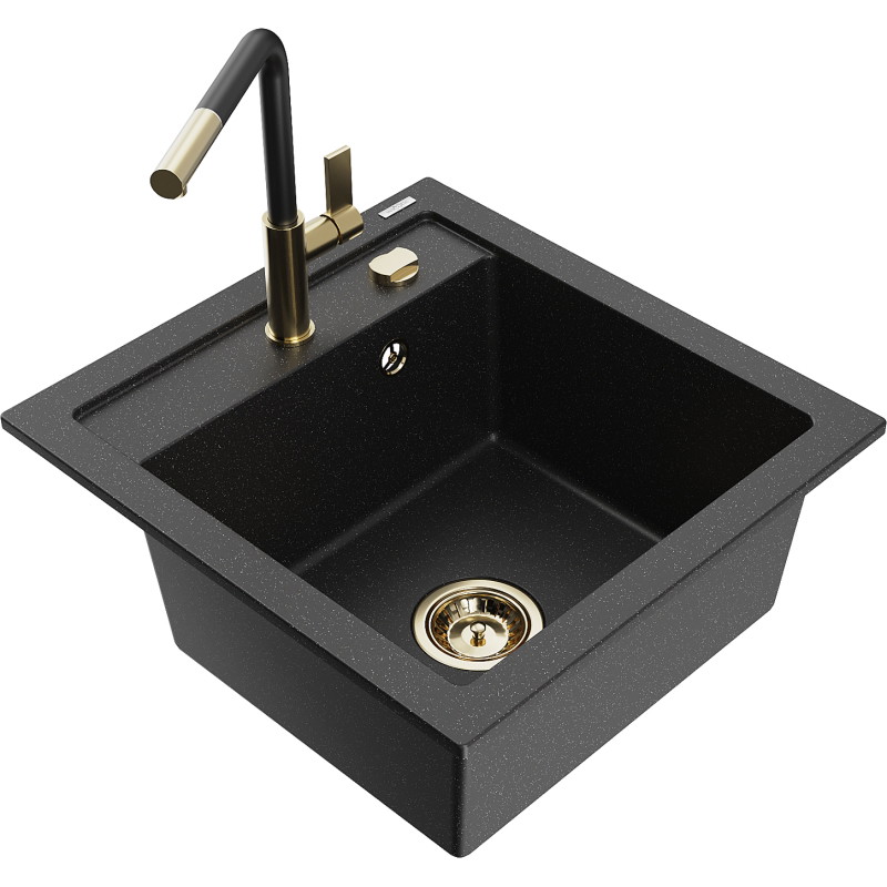 Mexen Vito fregadero de granito de 1 seno con grifo de cocina Flora, negro/metálico plateado - 6503-73-670401-57-G
