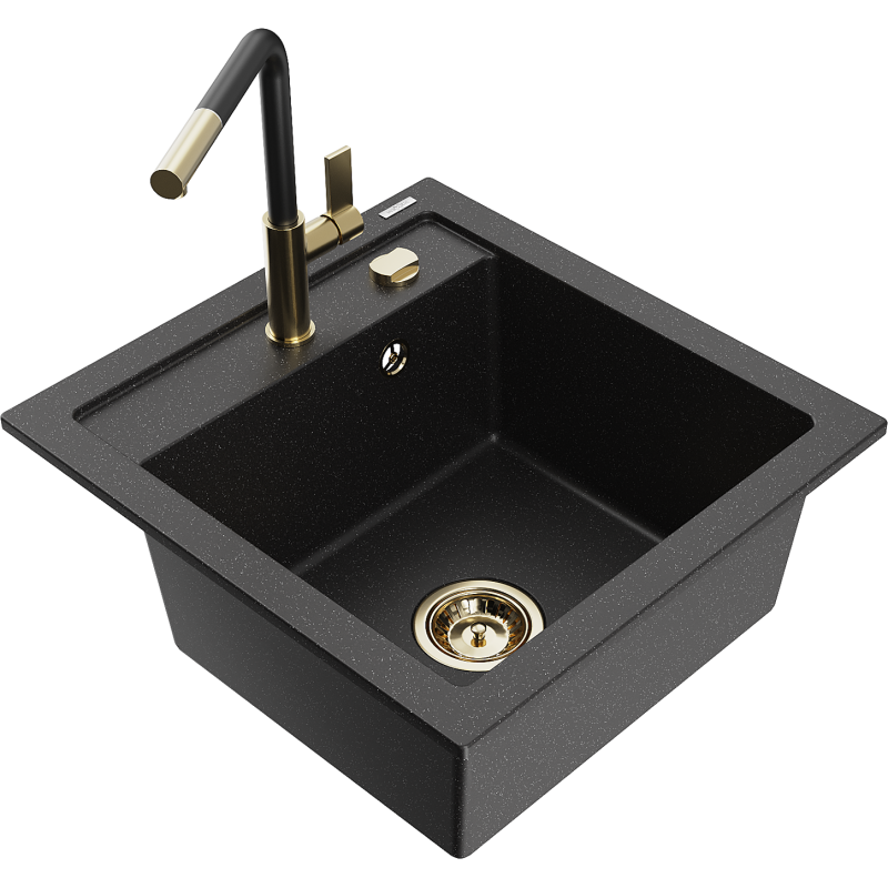 Mexen Vito Granitspüle 1-becken mit Küchenarmatur Flora, schwarz/silber metallic - 6503-73-670401-57-G