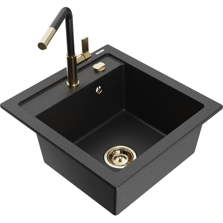 Mexen Vito Granitspüle 1-Becken mit Küchenarmatur Flora, schwarz/silber metallik - 6503-73-670401-57-G