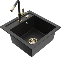 Mexen Vito Granitspüle 1-becken mit Küchenarmatur Flora, schwarz/silber metallic - 6503-73-670401-57-G