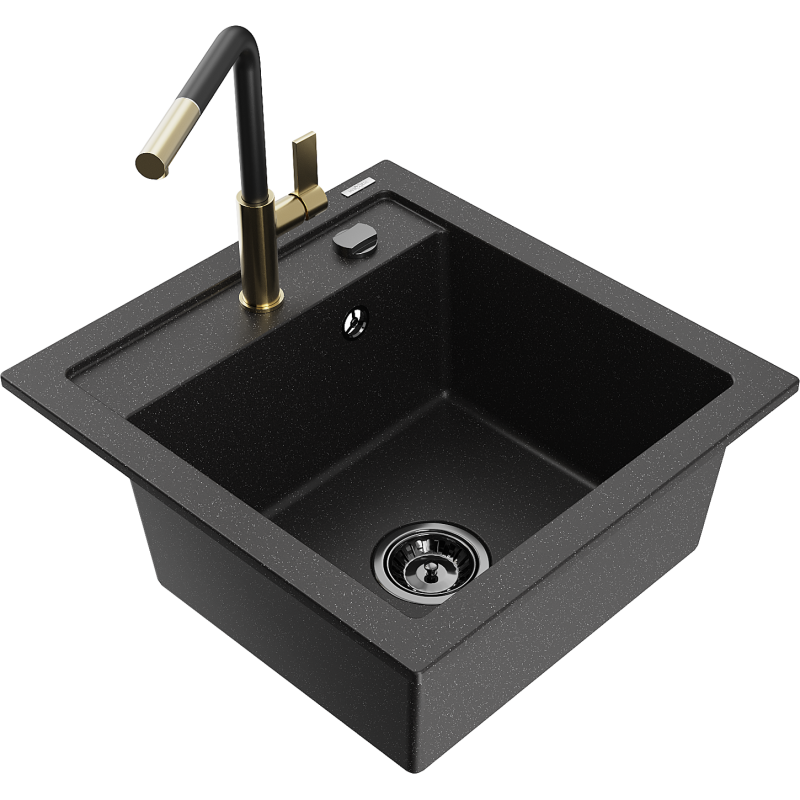Mexen Vito lava-loiça de granito de 1 cuba com torneira de cozinha Flora, preto/metálico prateado - 6503-73-670401-57-B