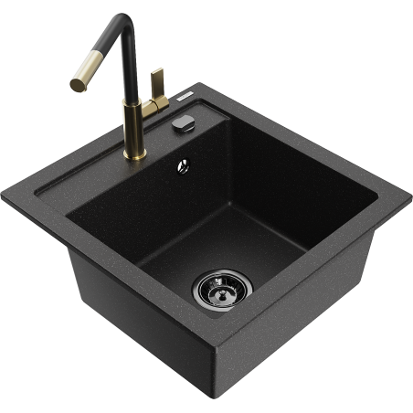 Mexen Vito granieten spoelbak 1-komerig met keukenkraan Flora, zwart/zilver metallic - 6503-73-670401-57-B