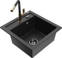 Mexen Vito Granitspüle 1-Becken mit Küchenarmatur Flora, Schwarz/Silber Metallic - 6503-73-670401-57-B
