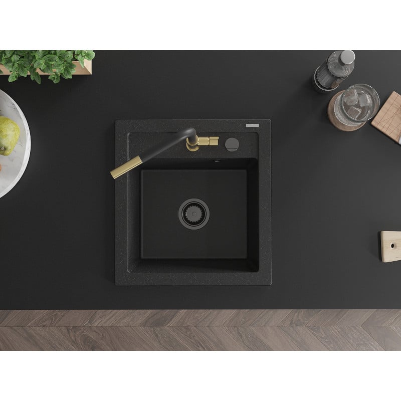 Mexen Vito granite sink 1-bowl with Flora kitchen tap, black/silver metallic - 6503-73-670401-57-B