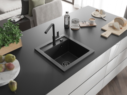 Mexen Vito Granitspüle 1-beckig mit Küchenarmatur Flora, schwarz/silber metallic - 6503-73-670401-70-B