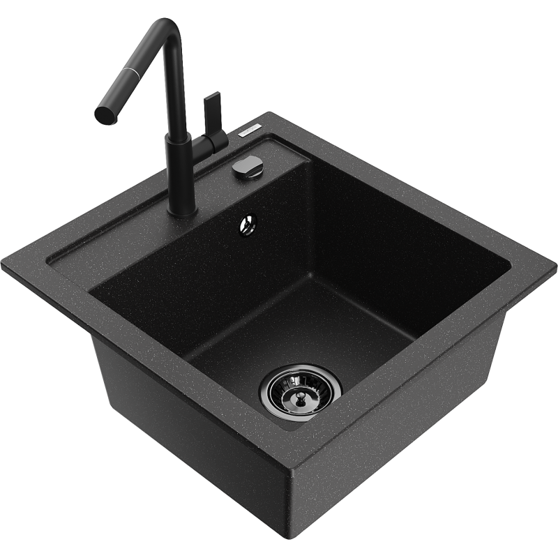 Mexen Vito granieten spoelbak met 1 bak met Flora keukenmengkraan, zwart/zilver metallic - 6503-73-670401-70-B
