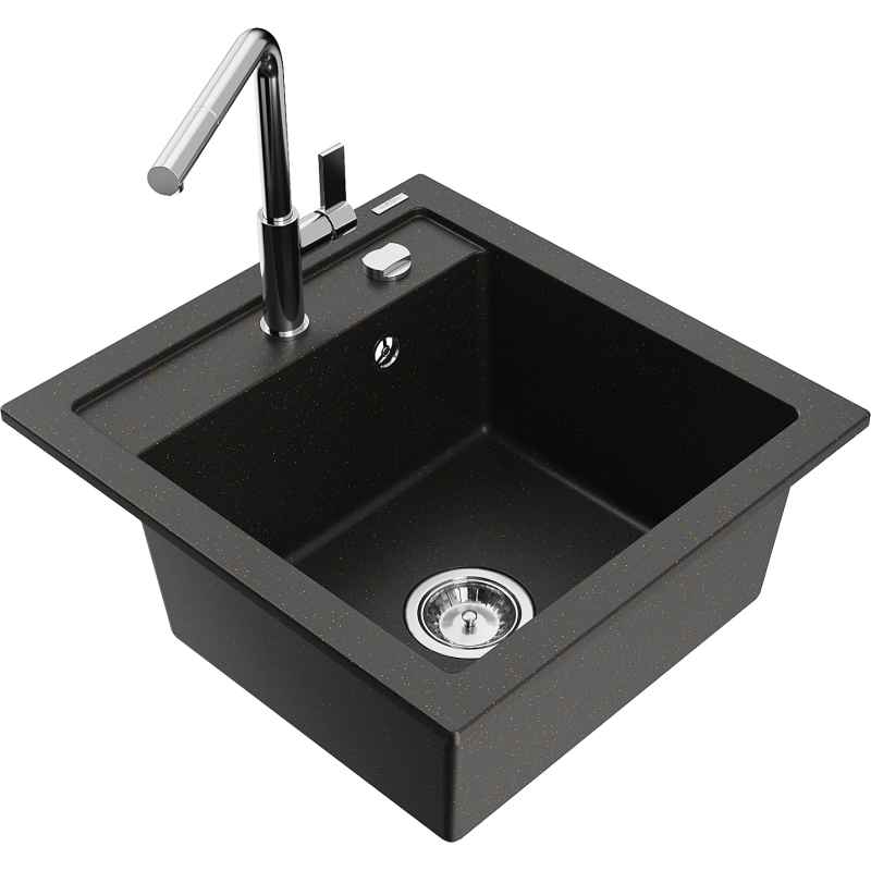 Mexen Vito granieten gootsteen met 1 bak en Flora keukenkraan, zwart/goud metallic - 6503-75-670401-00