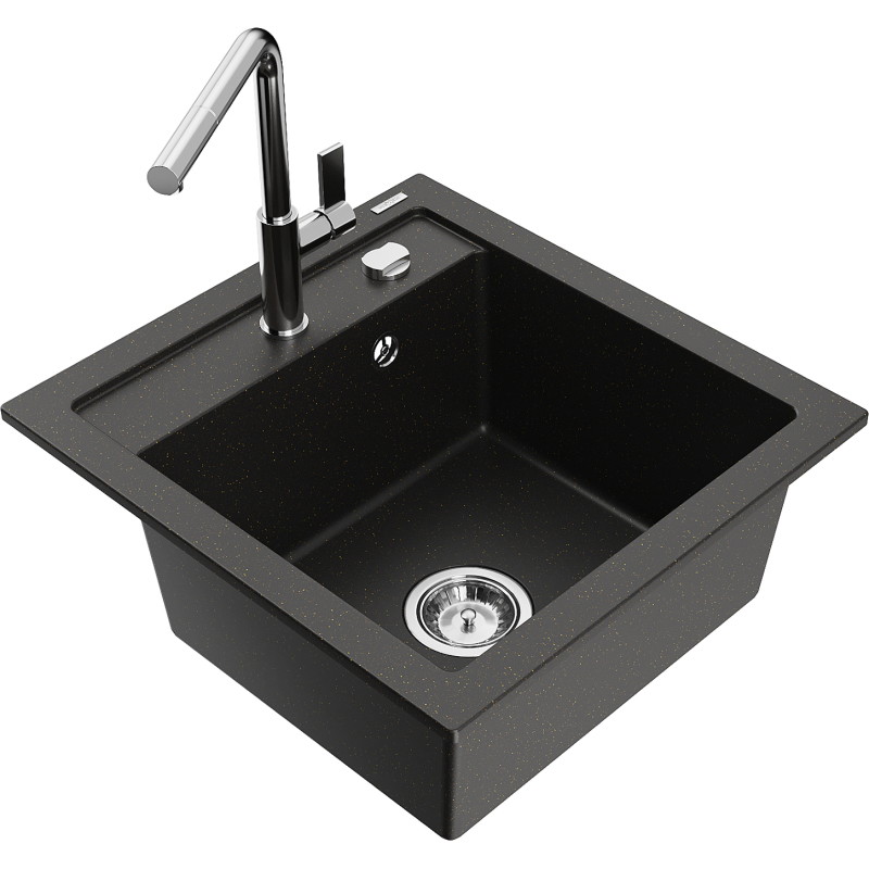Mexen Vito granitisch keukenwasbak 1-komps met Flora keukenmengkraan, zwart/gouden metallic - 6503-75-670401-00